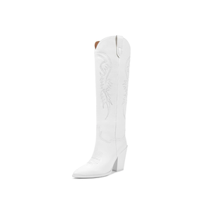 ISNOM Women's Cowgirl Boots Pull On Knee High Boots, Cowboy Western Embroidered Chunky Block Heel Pointed Toes Boots, Size 8US