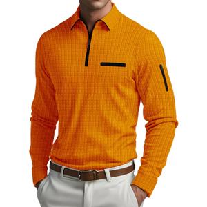 Men's Long Sleeve Polo Shirts Quarter Zip Up Pullover Slim Fit Casual Stylish Golf Shirt for Men Lightweight Tops with Pocket (Large, Orange)