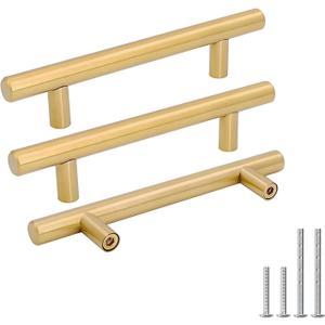 goldenwarm 10 Pack Brushed Brass Drawer Bar Handles Gold Dresser Hardware Kitchen Cupboard Handles 3-1/4in Gold Pulls - Modern Style T Bar Furniture Door Pulls, Stainless Steel