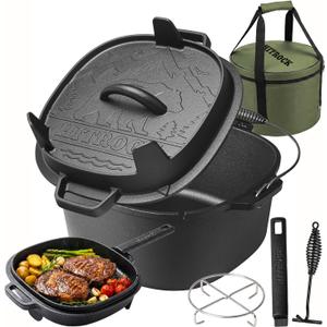 HITROCK Cast Iron Camp Dutch Oven 5QT, Pre-Seasoned Camping Dutch Oven with Lid, Flat Bottom Outdoor Pot with Lid Lifter,Pot Stand, Storage Bag & Handle for Camping, Baking, Grilling, Rounded-square Shape