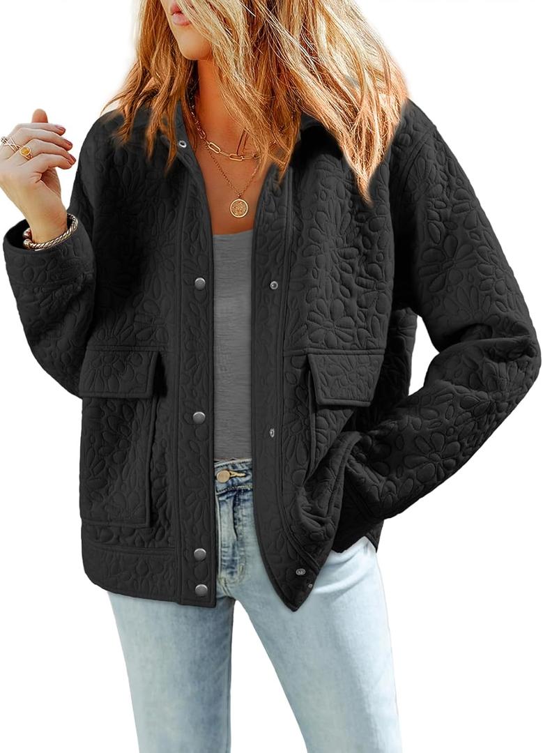 Dokotoo Jackets for Women Casual Long Sleeve Collared Jacquard Coats Trendy Button Down Shacket Jacket with Pockets (Small, Black)