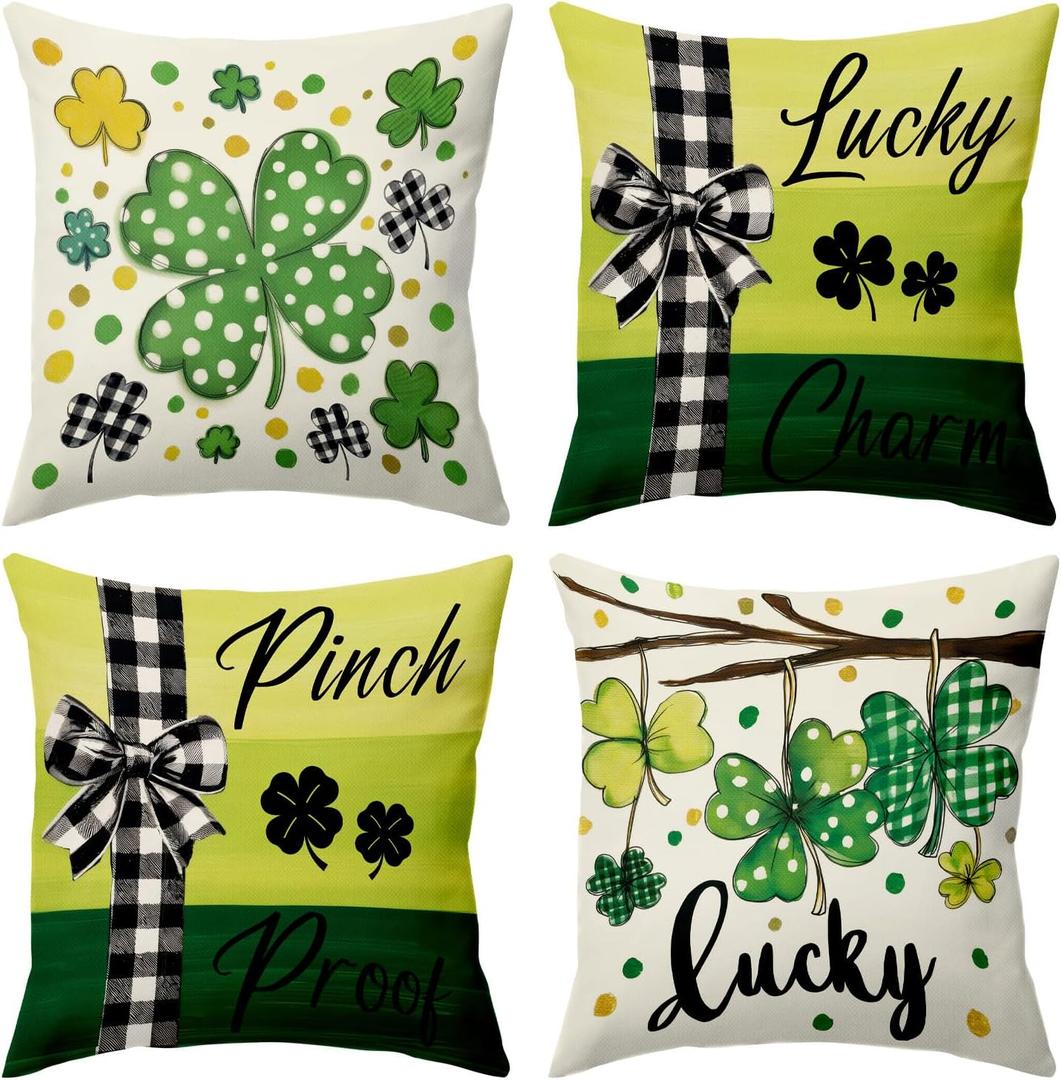 2 x BBOLDIN Saint Patricks Day Throw Pillow Covers 18x18, Green Shamrock Clover Plaid Pillow Cases Set of 4, Spring March Lucky Cushion Covers Decorations for Living Room Bedroom