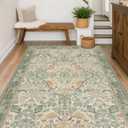 Hazo Haus Washable Sage Green Area Rugs 5x7 for Living Room, Bedroom Bedside, Dining Room, Office, Muted Cream Green Non Slip Stain Resistant Low Pile Botanical Floral Bird French Country Decor