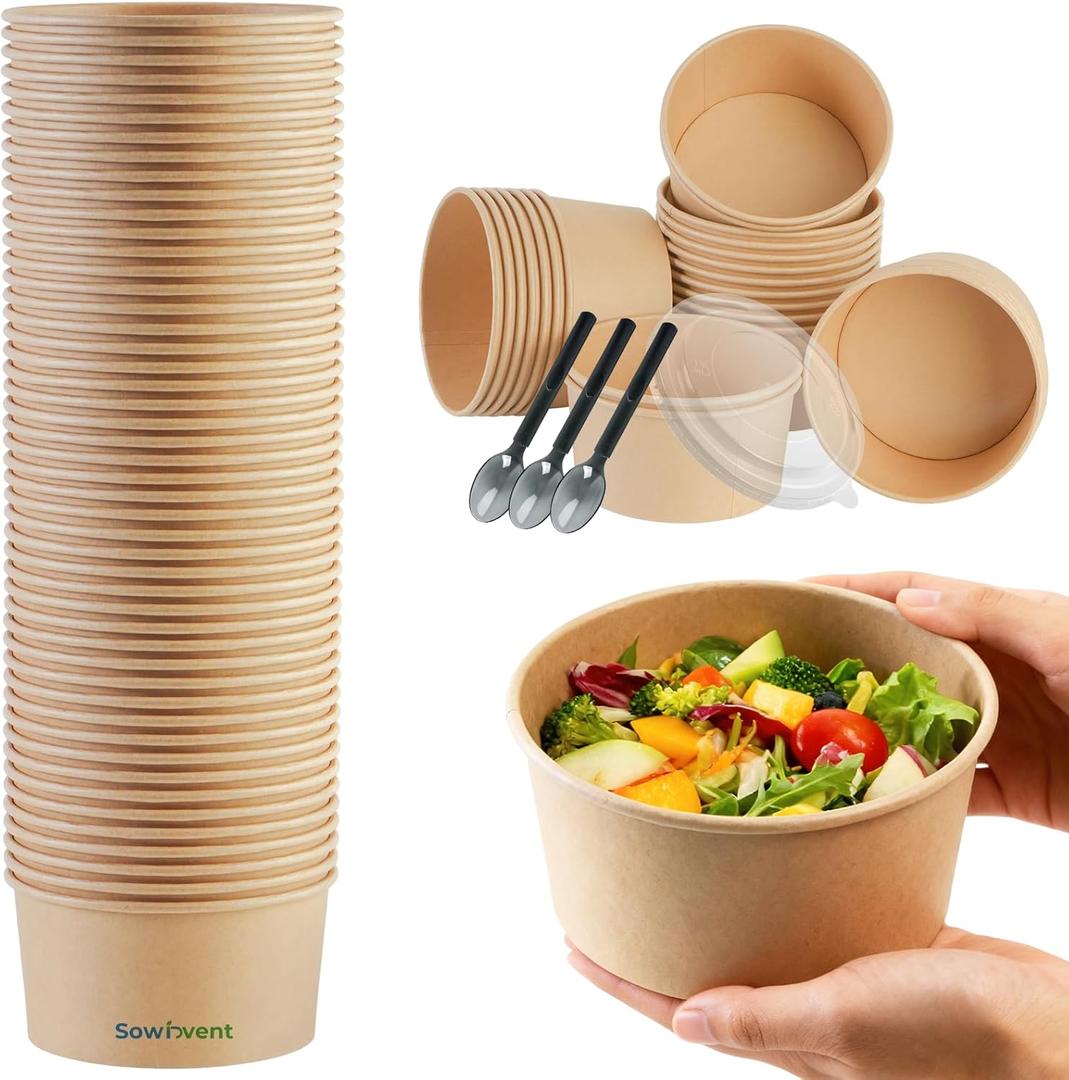 25 oz Disposable Kraft Paper Bowls with Lids and Sporks, 48 Sets Leak-Proof Meal Prep Containers for Hot & Cold Food, Soup, Salad, Snacks, Ice Cream, Desserts, Food Bowls