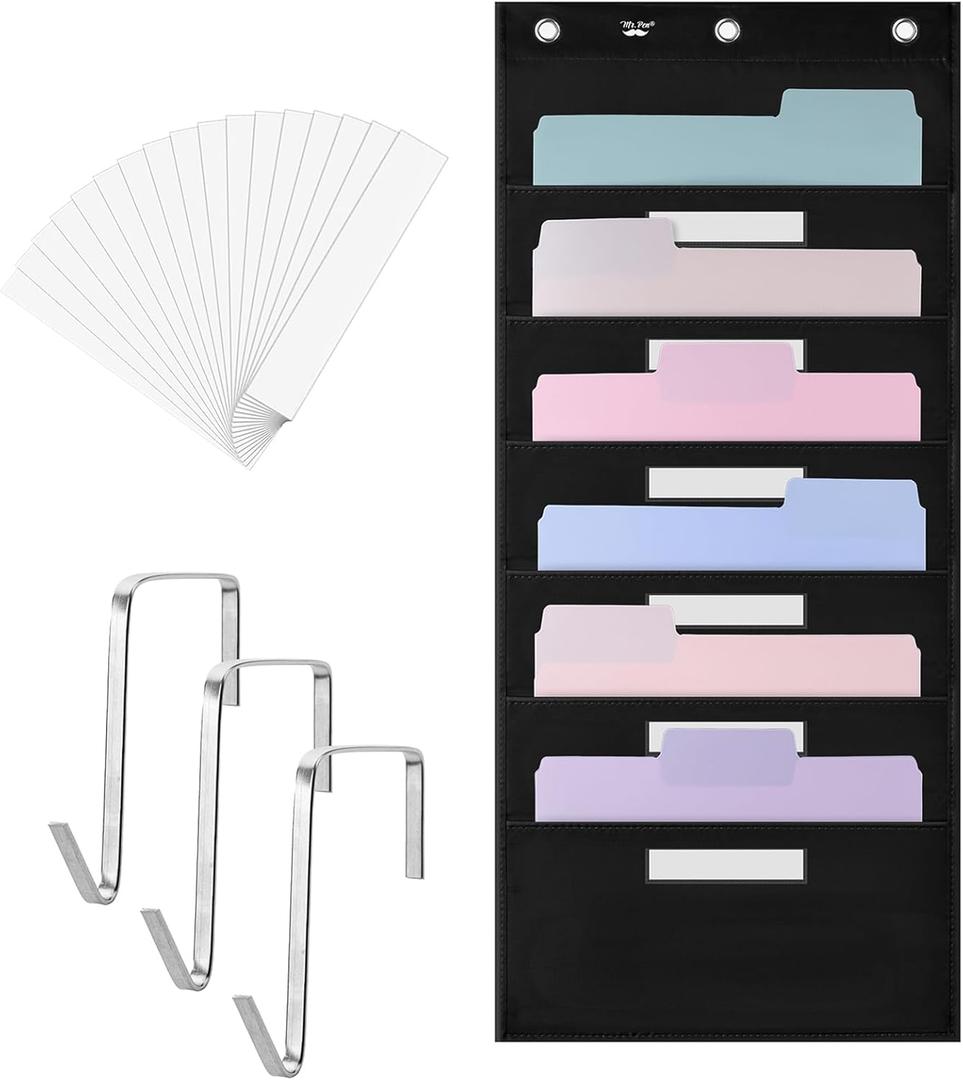 Mr. Pen- Hanging Wall File Organizer with 6 Name Tag, 6 Pocket, 3 Overdoor Hangers Included, Over The Door File Organizer, Hanging File Organizer for Wall, Steel, Black