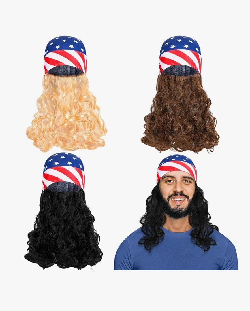 3 Pcs Mullet Wig Skull Cap for Men 4th of July Headscarf Patriotic USA Headscarf Independence Day Wigs