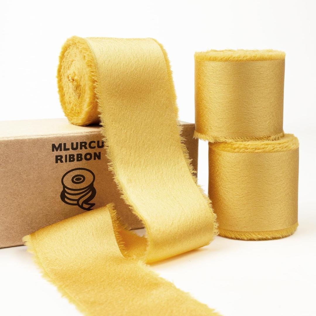 Gold Silk Satin Ribbon 1.5 Inch x 21 Yards Handmade Fringe Chiffon Frayed Fabric, Gold Ribbon for Gift Wrapping, Flower Bouquet, Wedding Invitation, Baby Shower, Bridal Shower, Christmas Decor