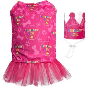 Dog Birthday Girl Outfit - Party Hat, Crown and Dog Birthday Dress with Birthday Girl Sign, Puppy Party T-Shirts Cat Breathable Stretchy Costumes, Large