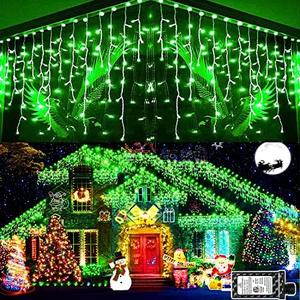 KNONEW 99ft 1216 LED Christmas Lights Outdoor Decorations with 228 Drops, 8 Modes Curtain Fairy Light, Clear Wire LED String Light Decor for Wedding Party Christmas (Green)