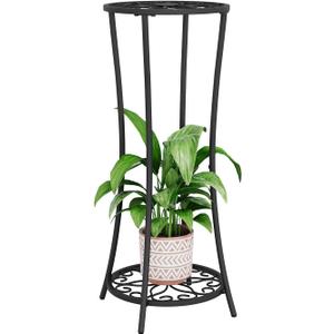 YINMIT Plant Stand Indoor Outdoor, 2 Tier Metal Potted Holder Rack, Flower Pot Stand Shelf, Heavy Duty Round Supports Rack, Corner Plant Shelf for Balcony Garden Patio Living Room (Black-Iron) (29.9 In-Height)