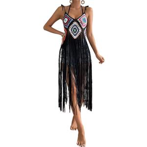 Verdusa Women's Tie Shoulder Halter Fringe Floral Crochet Long Cami Top Cover Up Black, Medium