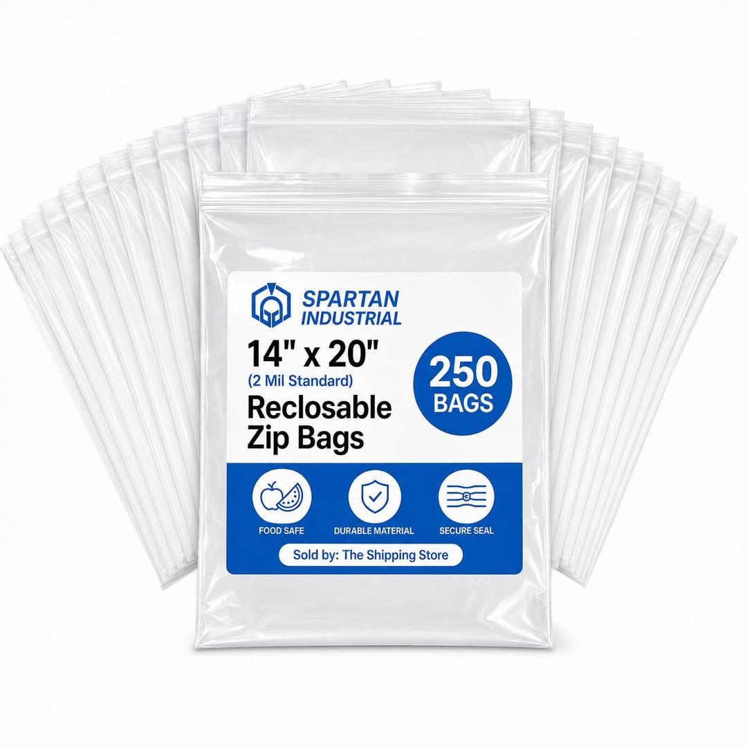 Spartan Industrial - 14” X 20” (250 Count) 2 Mil Clear Reclosable Zip Plastic Poly Bags with Resealable Lock Seal Zipper