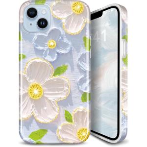 Case for iPhone 14 iPhone 13 Sparkle Glitter Retro Oil Painting Printed Flower Design Slim Shockproof Protective TPU Soft Silicone Cover Phone Case Blue White