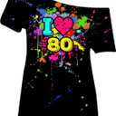 80s Outfit for Women Plus Size I Love The 80's Costumes 80s Off Shoulder T-Shirt Tops Neon Clothes Oversized (Black,2X-Large)