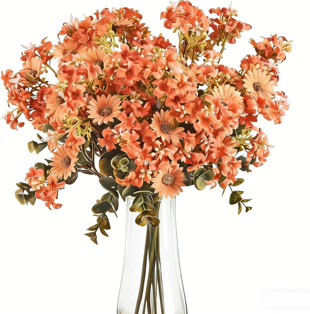 12pcs Artificial Orange Flowers for Indoor & Outdoor Decor, Burnt Orange Fake Spring Mums Bouquets, Faux Mums Lilac Flowers for Thanksgiving/Halloween, Autumn Arrangements (Durable UV Resistant)