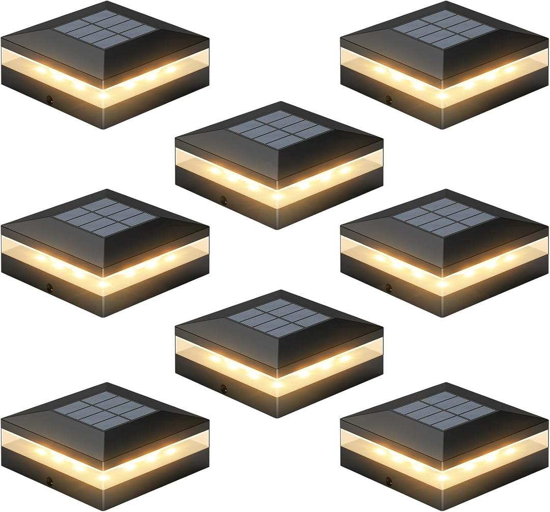 Viewsun 8 Pack Solar Post Cap Lights, 3 Color Modes Fence Post Solar Lights Outdoor with 72 LEDs, IP65 Waterproof Deck Lamps Decorating for Fence, Deck, Garden, Fit 4x4 Wooden/Vinyl Posts (Black)