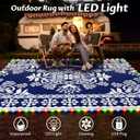 Pafolo Outdoor Rug Waterproof, 9'x12' Reversible Patio Rug with Lights, 4 Rug Stakes, Non Shedding, Easy Cleaning, Foldable Outside Mat for RV, Camping, Porch, Deck, Beach, Patio, Picnic, Blue&White
