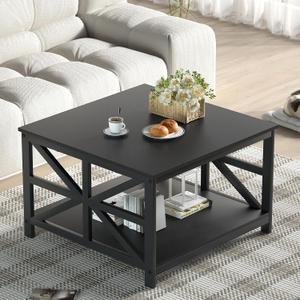 GreenForest Modern Living Room Coffee Table with 2 Tier Storage, Small Square Wood and Metal Farmhouse Center Table with Seamless One-Piece Tabletop, 27.55 Inch, Black