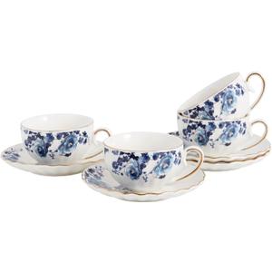 Agyiuns ceramic tea cup and saucer set of 4,floral teacup sets for Coffee, Latte, Cafe Mocha and Tea (Dark blue flowers)