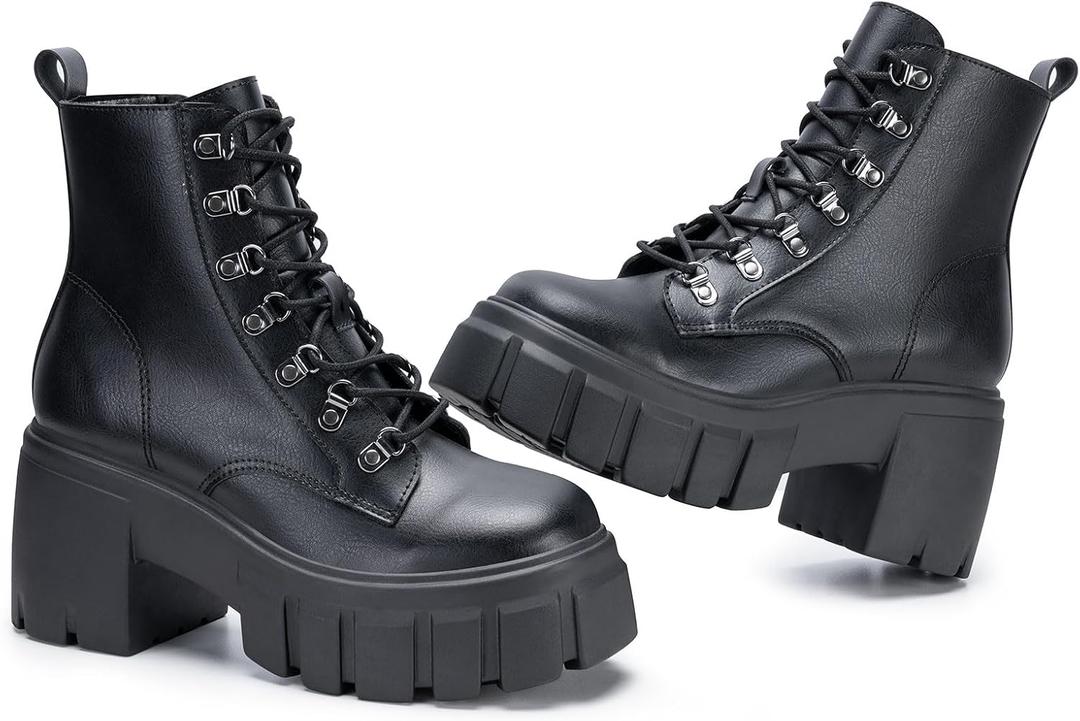 FITORY Women’s Combat Boots Lightweight Lace up Side Zipper Ankle Botas High Heel Chunky Platform Lug Sole Booties 2026 Black Size 7