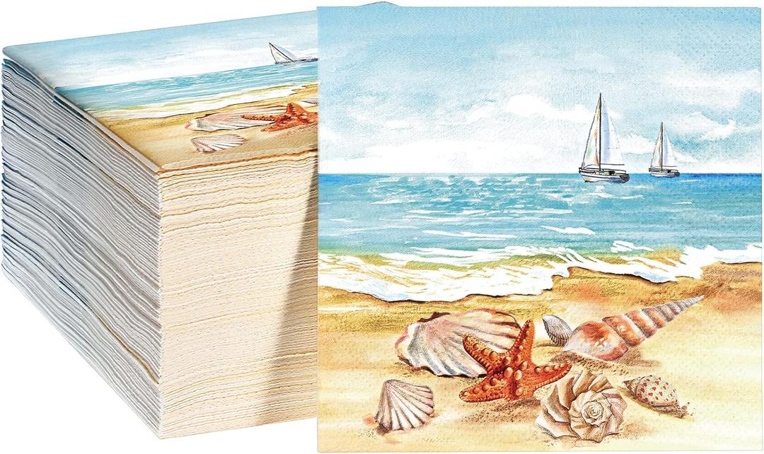 100 Pcs Nautical Beach Guest Napkins Summer 3 Ply Disposable Paper Beach Disposable Guest Towels Beach Dinner Napkins with Starfish Sea Shore Design for Summer Holiday Party Tableware Supplies