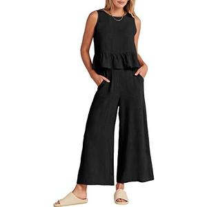 ANRABESS Women Summer 2 Piece Outfits Sleeveless Tank Crop Top Wide Leg Pants Linen Jumpsuits Lounge Matching Beach Sets, 
Black Small