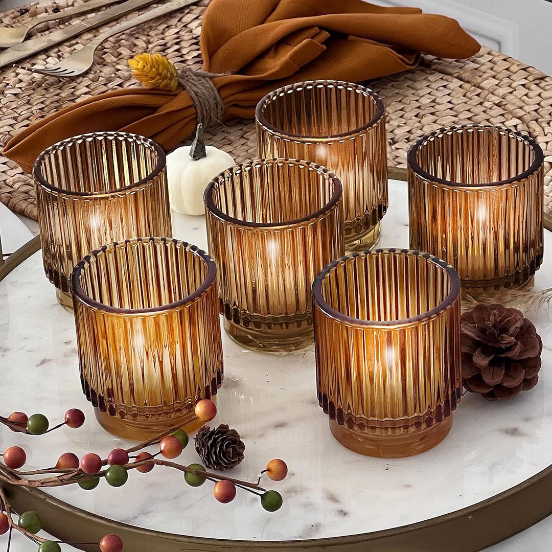 Kate Aspen Vintage Glass Tealight & Amber Votive Candle Holders (Set of 6) Rustic Fluted Candle Holder Set, Boho Home Decor, Wedding Table Centerpieces, Farmhouse Kitchen Table Decor