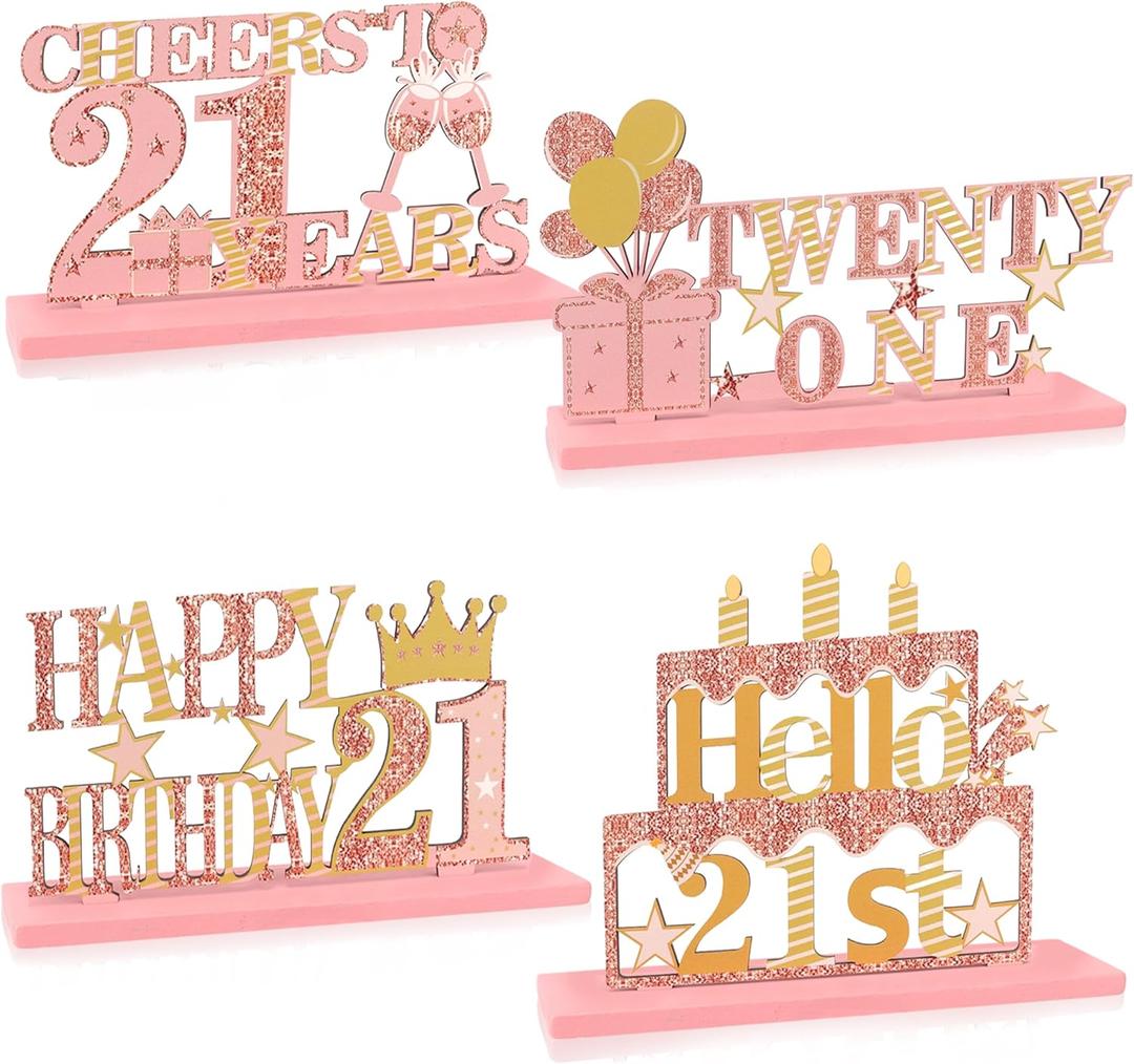 21st Birthday Decorations, Rose Gold 21st Birthday Decorations for Her & Girls 4PCS Wooden Birthday Table Centerpieces Happy 21st Birthday Party Supplies Table Decor