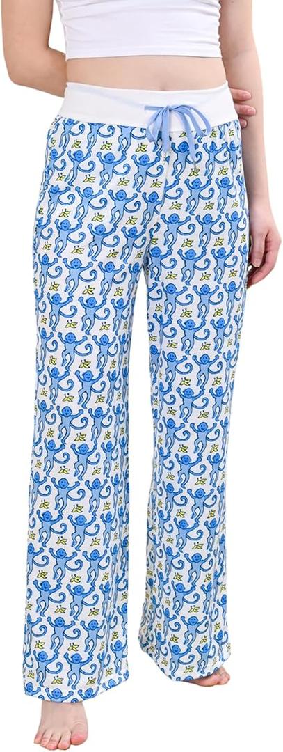 Women Preppy Pajamas Pant, Comfy Monkey Y2K Lounge Pants Wide Leg Drawstring High Waist Pjs Bottoms (Blue, X-Large)
