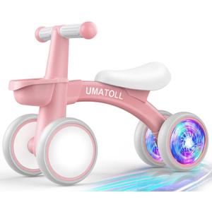 Umatoll Colorful Lighting Baby Balance Bike Toys for 1 Year Old Girls Gifts, Adjustable Seat, 1st Birthday Gifts, 12-24 Months Toddler Bike, Removable Basket, Pink