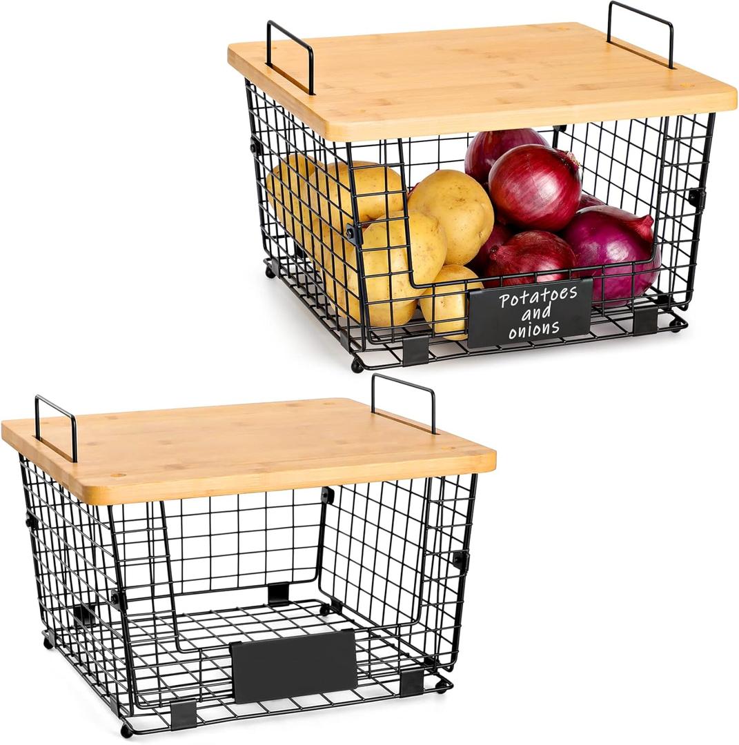 2 Set XXL Stackable Wire Basket with Bamboo Tops & Tag- Pantry Organizer and Storage Bins, Kitchen Counter Cabinet Shelf Countertop Under Sink Organizing, Food Snack Produce Onion Potato Bread Storage