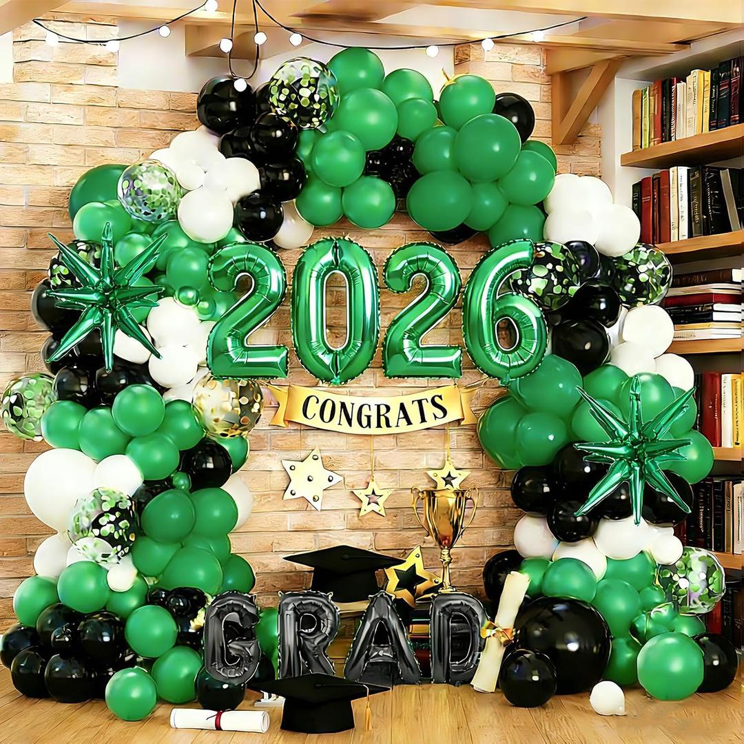 134PCS Green Graduation Balloon Garland Arch Kit with GRAD,2026 and Graduation Mylar Foil Balloons for High College Middle School Class of 2026 Graduation Decorations