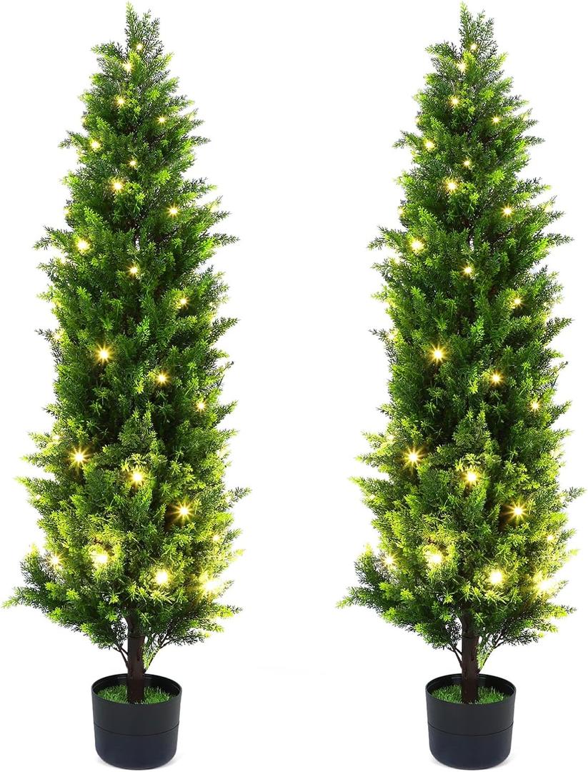 PINPON 2 Pack 4FT Artificial Cedar Trees with Detachable LED Light Strip Lighted Realistic Faux Topiary Evergreen Shrubs UV Resistant Potted Plants for Indoor Outdoor Front Porch Entryway Patio Decor