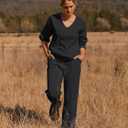 MEROKEETY Women's 2 Piece Outfits Long Sleeve V Neck Knit Pullover Tops and Wide Leg Pant Lounge Set (Black, S)