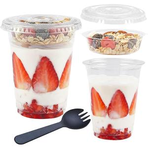 Zezzxu 50 Pack 12 oz Disposable Parfait Cups with Lids No Hole, Toppings Compartment and Spork, Yogurt Conatiner with Granola Holder for Take Away Breakfast and Snacks, No Leaking