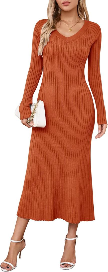 Arach&Cloz 2025 Spring Womens V Neck Long Sleeve Fishtail Sweater Dress Ribbed Knit Slim Fit Bodycon Midi Dress (Orange)