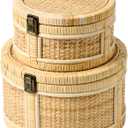 2PCS Rattan Storage Boxes with Lids Wooden Frame Decorative Natural Rattan Round Baskets Set Handmade Woven Wicker Keepsake Memory Jewelry Box Bin Boho Cane Desktop Organizer Container