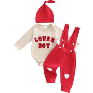 Newborn Baby Boy Valentine's Day Outfit Lover Boy Romper Bodysuit Jumpsuit Suspender Pants Set Hat Infant Clothes (6-12 Months, Light Beige)