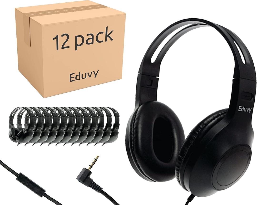 Bulk Headphones for Classroom with Microphone, Heavy-Duty School Pack Wired Headphones for Students. Teacher Must Haves Supplies from Elementary to College (12 Pack Black)
