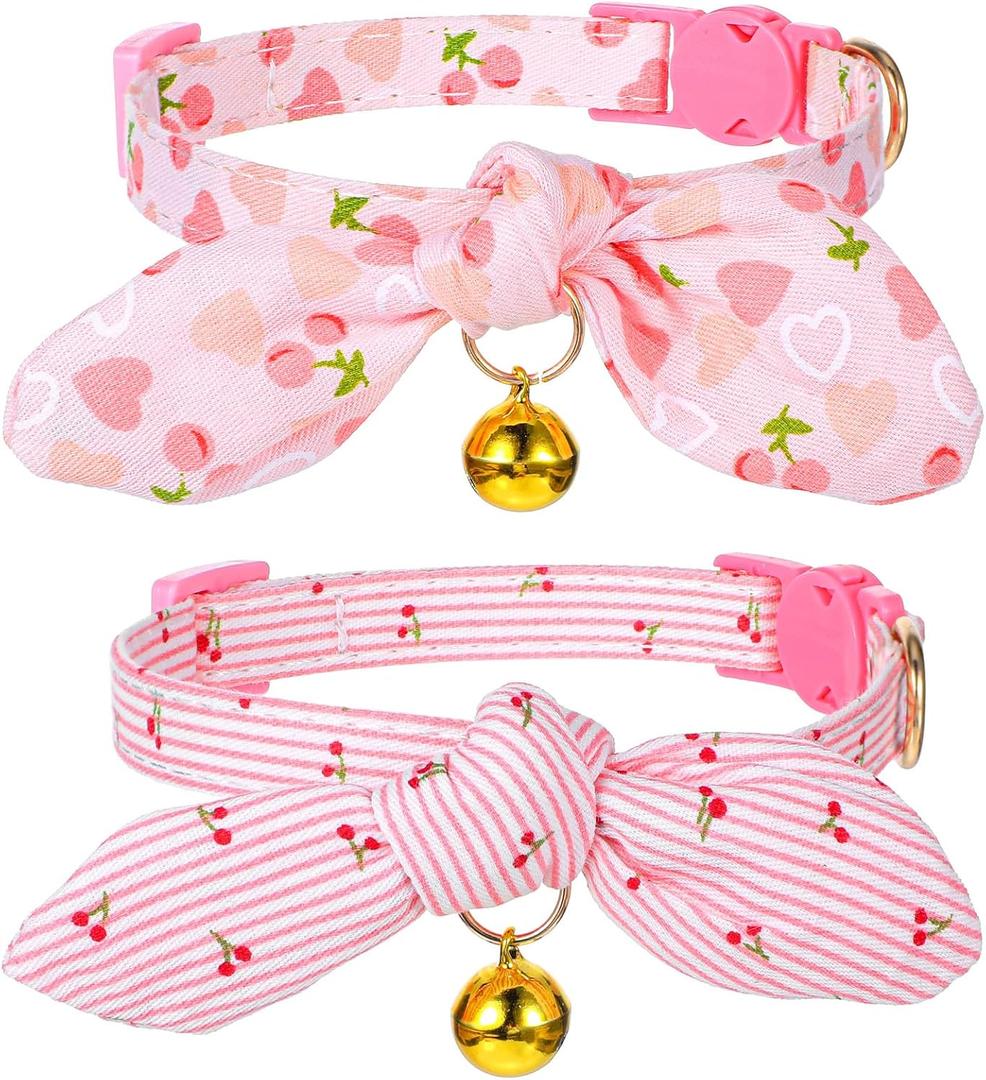 Kifmurase 2 Pcs Cotton Bowtie Cat Collar with Bell, Breakaway Kitten Collar with Love Heart Cherry Pattern with Removeable Bow, Adjustable Pink Girl Cat Collars with Safety Clasp for Kitten Puppy Dogs