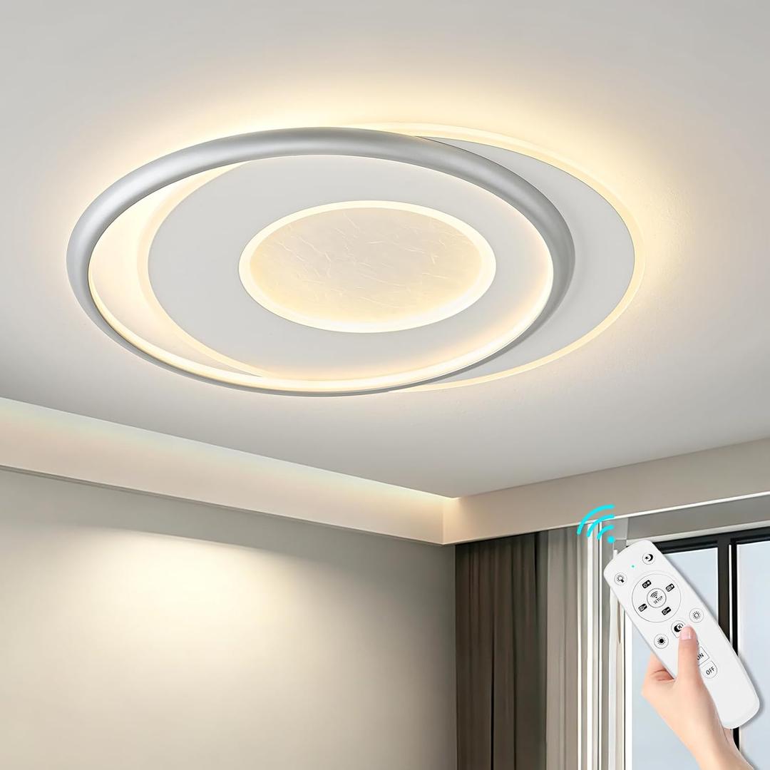 Modern Sliver LED Ceiling Light with Remote, 18.1" Flush Mount Ceiling Light, Dimmable 3000K-6000K with Night Light Mode, Ceiling Lamp for Living Room, Bedroom, Kitchen, Hallway & Entryway