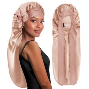 2 x BONNET QUEEN Braid Bonnet Silk Bonnet Foldable Extra Long Wrap for Braids Satin Bonnets with Tie Band Long Sleep Cap, Champagne (One Size)
