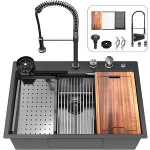 33x22 inch Waterfall Kitchen Sink Metal Black -Feibus 33inch Drop In Sink with Faucet Combo Double Step Workstation16 Gauge Multifunctional Stainless Steel Single Bowl, 33"x22"x10"