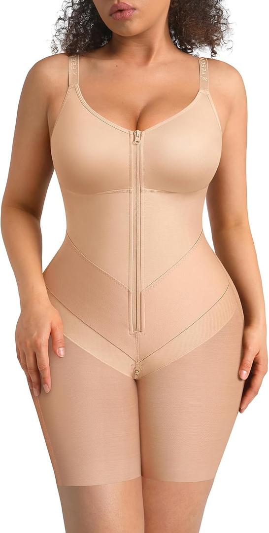 FeelinGirl Fajas Colombianas Moldeadoras Shapewear Tummy Control Postpartum Butt Lifting Body Shaper with Zipper Crotch, L