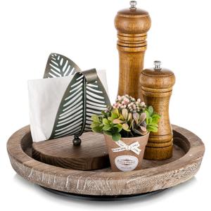 Turntable Rustic Wooden Serving Tray: Hanobe Round Wood Decorative Vintage Centerpiece Candle Holder Trays Farmhouse Ottoman Tray with Turn Table for Kitchen Countertop Coffee Table (Distressed & Turnable)