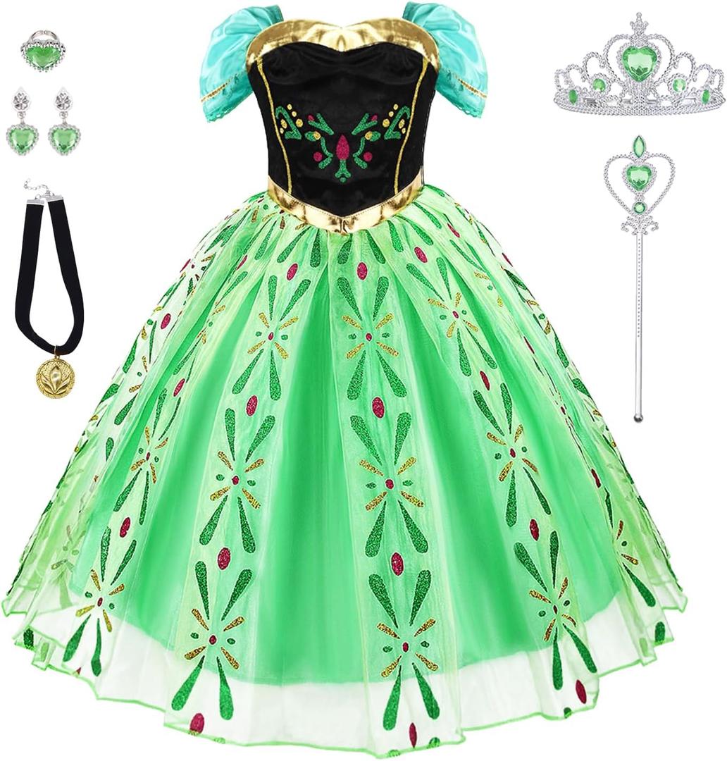 Princess Dress Up for Girls Halloween Cosplay Princess Costume Luxury Green Fancy Dress Christmas Birthday Party Outfit, 3-4Y