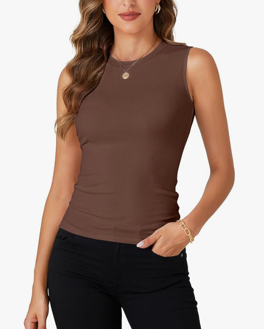 Rooscier Women's Racerback Crew High Neck Knit Ribbed Slim Fitted Casual Basic Tank Top Shirts, L, Dark Brown