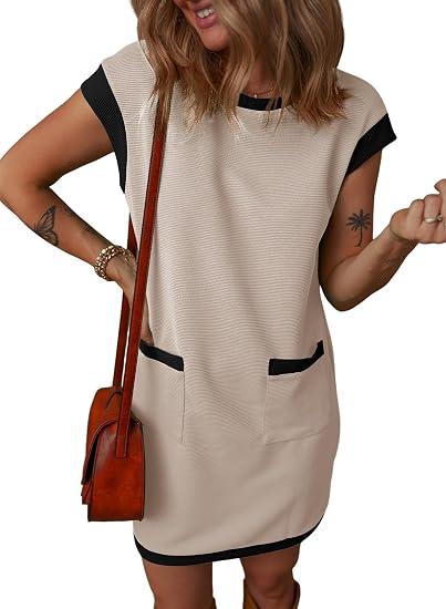 Dokotoo Women's 2026 Casual Spring Summer Dresses Fashion Cap Sleeve Color Block Crewneck Shift Tshirt Mini Dress
 Apricot Large