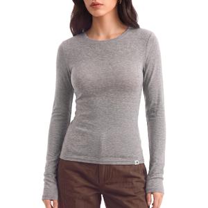 Women's Merino Wool Blend Shirts Long Sleeve Tops Crew Neck Fitted Basic Tee Cozy Embrace Collection (Gray, M)