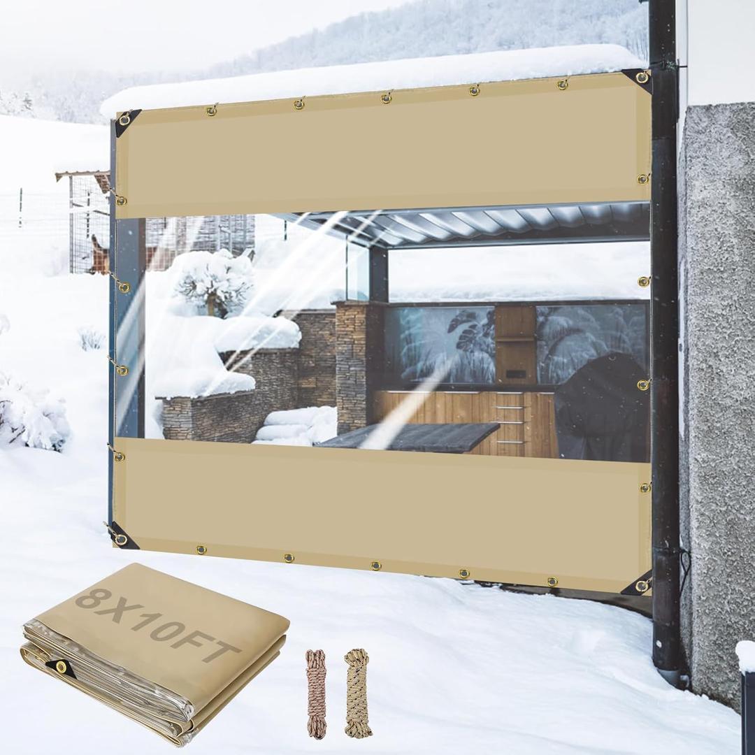 Outdoor Vinyl Curtains for Patio Waterproof - 24 Oz Heavy Duty Porch Enclosure with Brass Grommets, Clear PVC Screen Panels Wind Blocker for Winter Outside 8x10ft Porch Balcony Pergola Gazebos